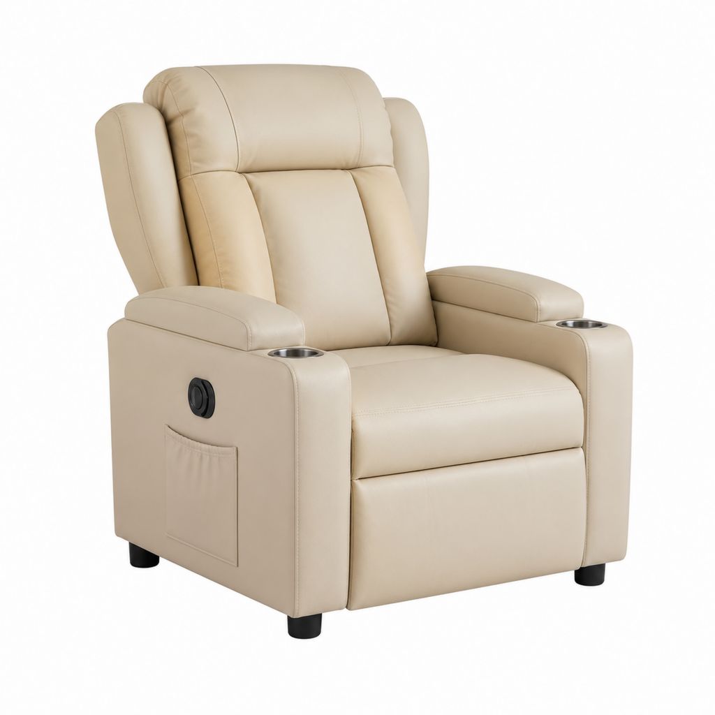Relaxsessel Fernsehsessel Beige aus PU-Kunstleder mit Fußstütze 2 Getränkehaltern 105 x 88 x 93 cm