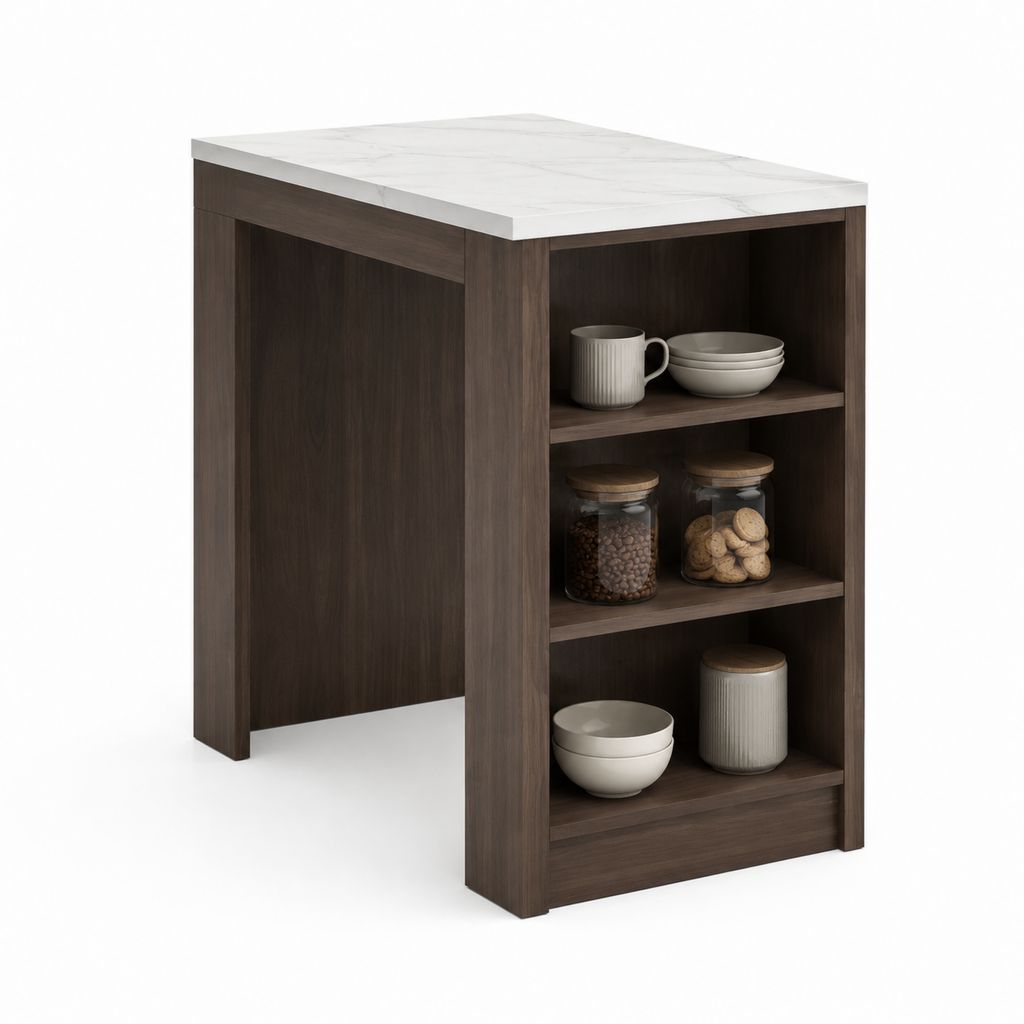 Kücheninsel mit offenen Regalen dunkelbraun MDF Marmoroptik rechteckig 100 x 60 x 90 cm