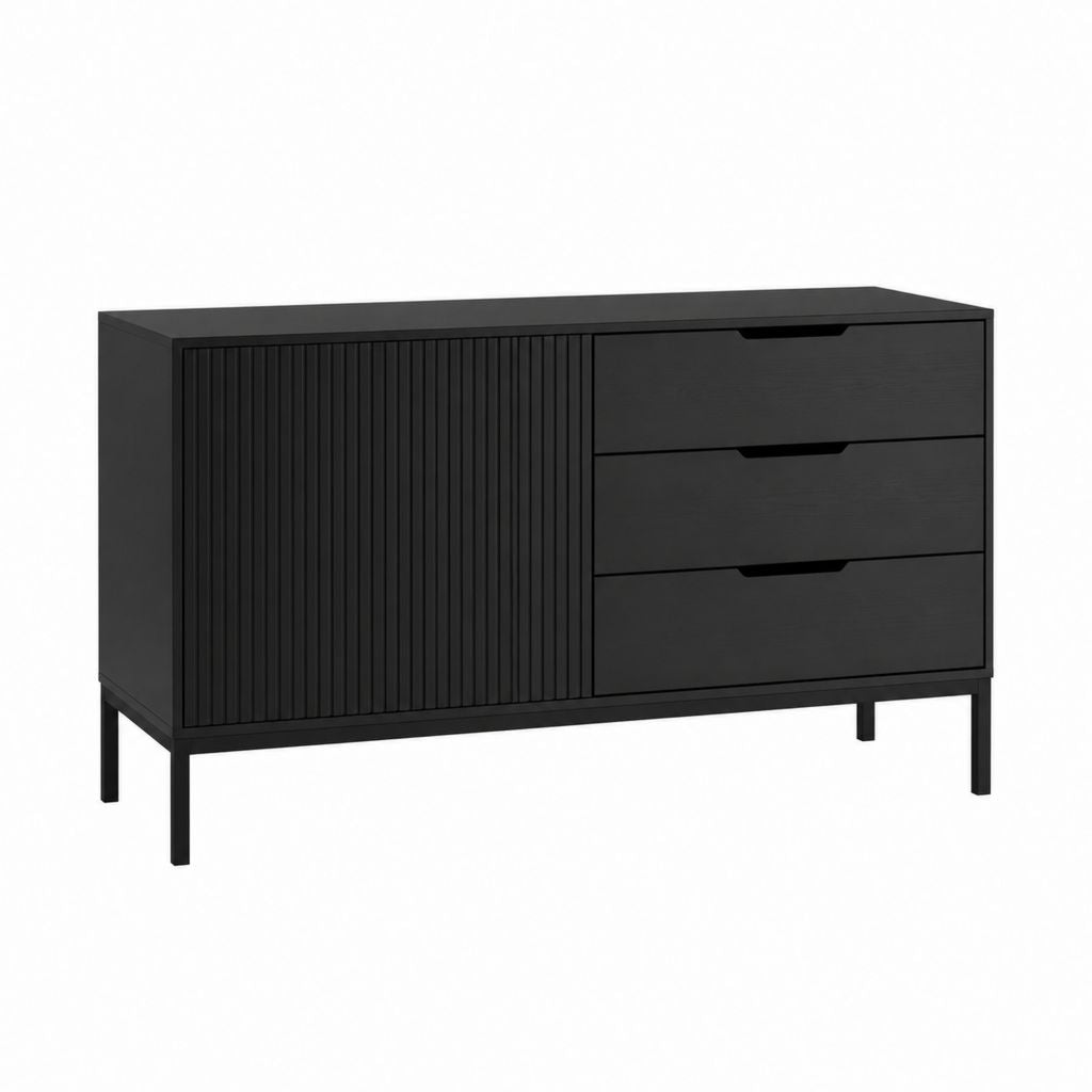 Kommode Schwarz aus melaminbeschichteter Spanplatte rechteckig mit 1 Tür und 3 Schubladen 120 x 40 x 80 cm