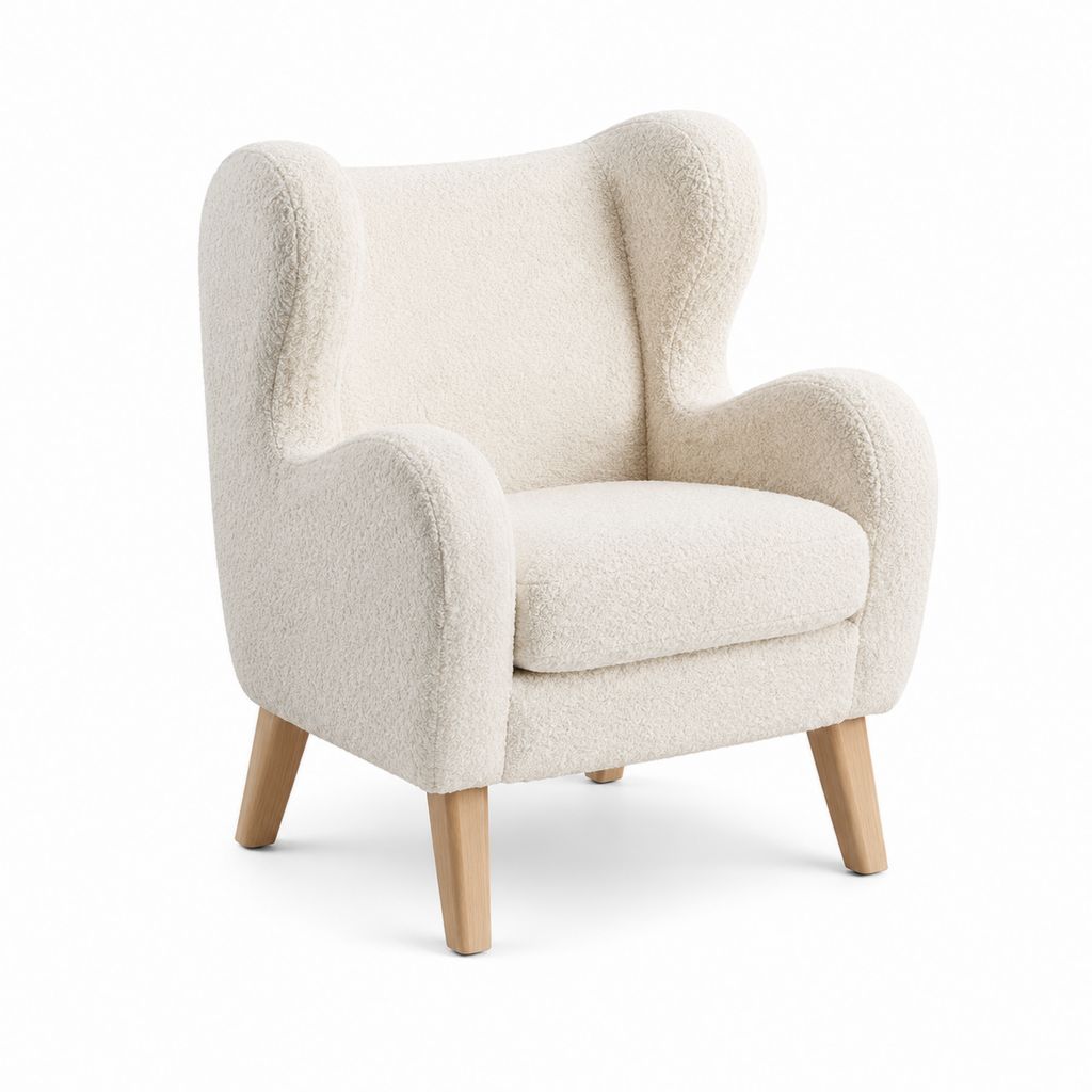 Ohrensessel Cremeweiß mit Bouclébezug aus Polyester und Massivholzfüßen 75 x 85 x 95 cm