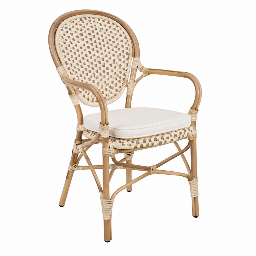 Esszimmerstuhl mit Armlehnen Natur Rattan Polyester Sitzkissen 58 x 60 x 88 cm