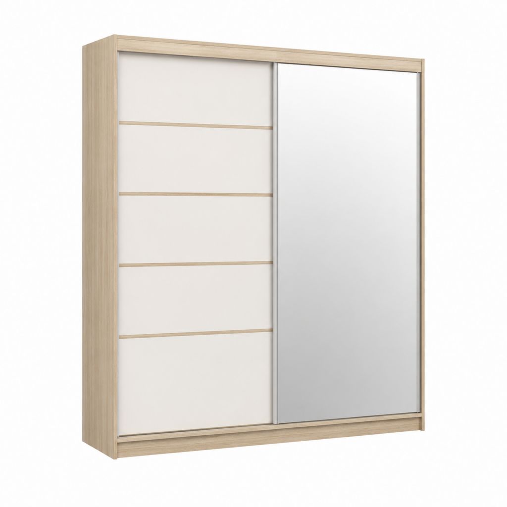 Schwebetürenschrank Weiß Eiche-Optik Spanplatte mit Spiegel 180 x 60 x 200 cm