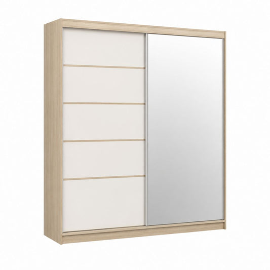 Schwebetürenschrank Weiß Eiche-Optik Spanplatte mit Spiegel 180 x 60 x 200 cm