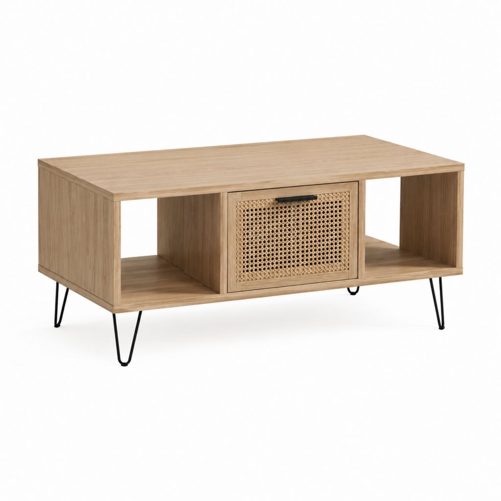 Couchtisch mit Stauraum Eichenholzoptik Rattan Rechteckig 100 x 60 x 45 cm