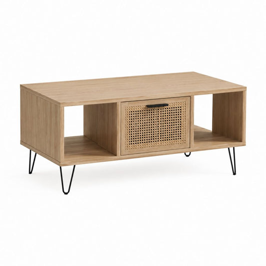 Couchtisch mit Stauraum Eichenholzoptik Rattan Rechteckig 100 x 60 x 45 cm